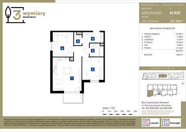 rzut mieszkanie na sprzedaż 62m2 mieszkanie Kraków, Bronowice Wielkie, Stelmachów