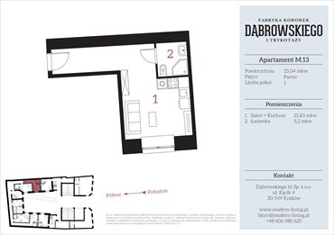 rzut mieszkanie na sprzedaż 25m2 mieszkanie Kraków, Stare Podgórze, Dąbrowskiego 16