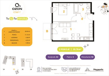 rzut mieszkanie na sprzedaż 40m2 mieszkanie Kraków, Prądnik Biały, Banacha 28-34