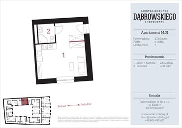 rzut mieszkanie na sprzedaż 28m2 mieszkanie Kraków, Stare Podgórze, Dąbrowskiego 16