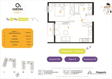 rzut mieszkanie na sprzedaż 35m2 mieszkanie Kraków, Prądnik Biały, Banacha 28-34