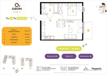 rzut mieszkanie na sprzedaż 38m2 mieszkanie Kraków, Prądnik Biały, Banacha 28-34