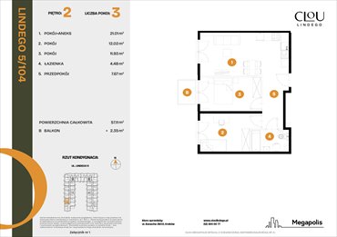 rzut mieszkanie na sprzedaż 57m2 mieszkanie Kraków, Lindego 5