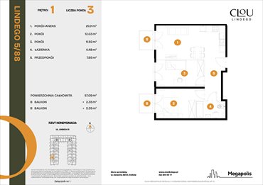 rzut mieszkanie na sprzedaż 57m2 mieszkanie Kraków, Lindego 5