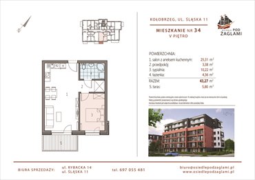 rzut mieszkanie na sprzedaż 43m2 mieszkanie Kołobrzeg, Śląska 11