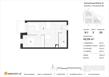 rzut mieszkanie na sprzedaż 43m2 mieszkanie Lublin, Choiny, Koncertowa