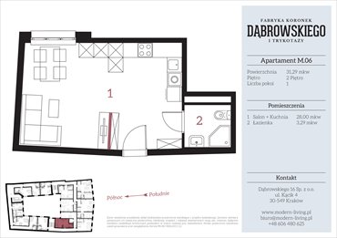 rzut mieszkanie na sprzedaż 31m2 mieszkanie Kraków, Stare Podgórze, Dąbrowskiego 16