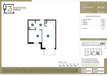 rzut mieszkanie na sprzedaż 46m2 mieszkanie Kraków, Bronowice Wielkie, Stelmachów