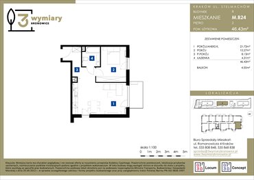 rzut mieszkanie na sprzedaż 46m2 mieszkanie Kraków, Bronowice Wielkie, Stelmachów
