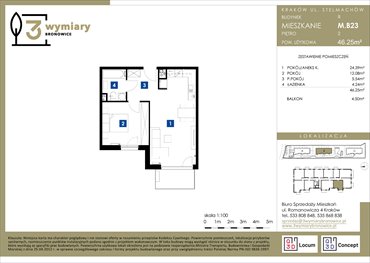 rzut mieszkanie na sprzedaż 46m2 mieszkanie Kraków, Bronowice Wielkie, Stelmachów