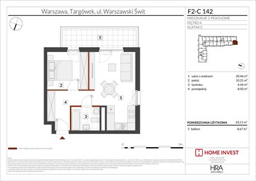 rzut mieszkanie na sprzedaż 43m2 mieszkanie Warszawa, ul. Warszawski Świt