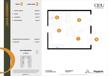 rzut mieszkanie na sprzedaż 39m2 mieszkanie Kraków, Lindego 5