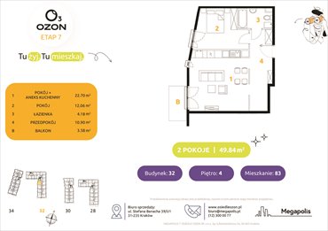 rzut mieszkanie na sprzedaż 50m2 mieszkanie Kraków, Prądnik Biały, Banacha 28-34