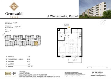 rzut mieszkanie na sprzedaż 44m2 mieszkanie Poznań, Grunwald, Wieruszowska 8
