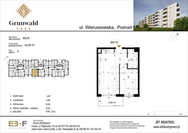 rzut mieszkanie na sprzedaż 44m2 mieszkanie Poznań, Grunwald, Wieruszowska 8