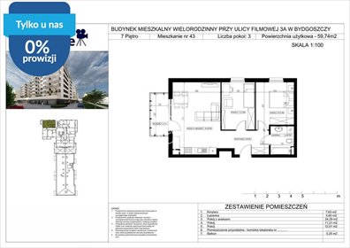 Zapraszam do 3-pokojowego mieszkania 59,74 m² w Bydgoszczy mieszkanie Bydgoszcz, Bartodzieje Małe, Filmowa