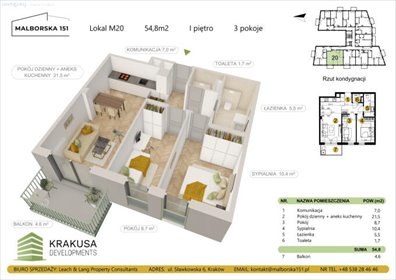 mieszkanie na sprzedaż 55m2 mieszkanie Kraków, Podgórze Duchackie, Wola Duchacka, Malborska