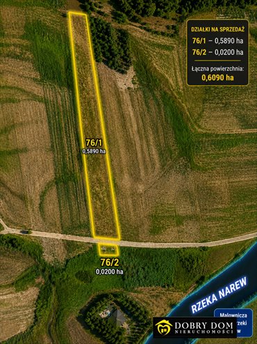Działka rolna w malowniczej dolinie Narwi, 0,61 ha działka Łazy Duże