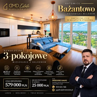 Na sprzedaż nowoczesne 3-pokojowe mieszkanie 48,55 m² z balkonem i klimatyzacją mieszkanie Katowice, Bażantowo, Bażantowo