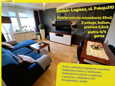 Przestronne 3 pokoje z balkonem i garażem w Będzinie mieszkanie Będzin, Łagisza, Pokoju