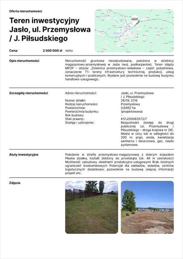 Działka przemysłowa 6,46 ha z pozwoleniem na budowę - polecam! działka Jasło
