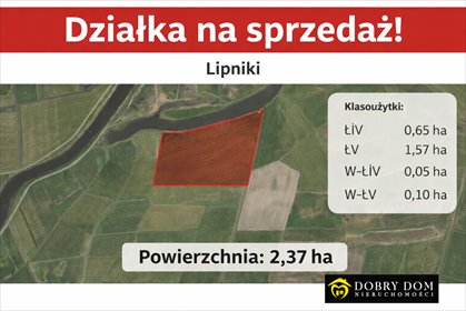 Działka rolna 2,37 ha przy rzece w Lipnikach, atrakcyjna cena działka Lipniki