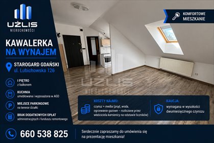 Kawalerka z balkonem, umeblowana, parking, bez opłat admin. mieszkanie Starogard Gdański, Lubichowska