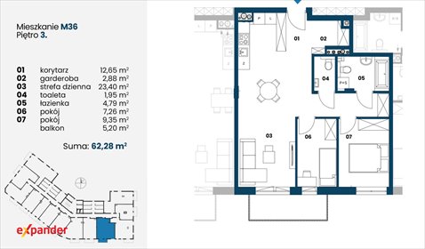 Nowa Dęba - 62 m² w stanie deweloperskim z balkonem mieszkanie Nowa Dęba, Kwiatkowskiego