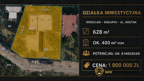 Polecam działkę inwestycyjną 628 m² na Sępolnie we Wrocławiu działka Wrocław, Sępolno, Smętna
