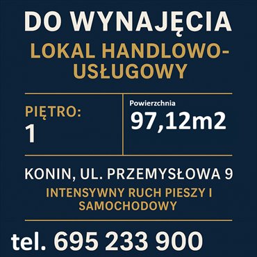 Przestronny lokal usługowy 97 m², adaptacja, od zaraz zapraszam lokal użytkowy Konin, Przemysłowa