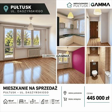 Do sprzedania przestronne mieszkanie 62 m² w Pułtusku mieszkanie Pułtusk, Pułtusk, Daszyńskiego