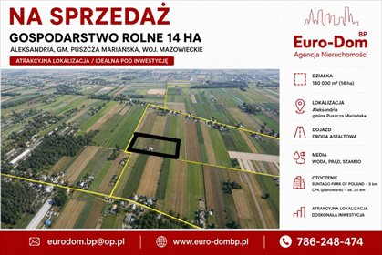 Duże gospodarstwo rolne 14 ha z sadem i zabudową. działka Puszcza Mariańska
