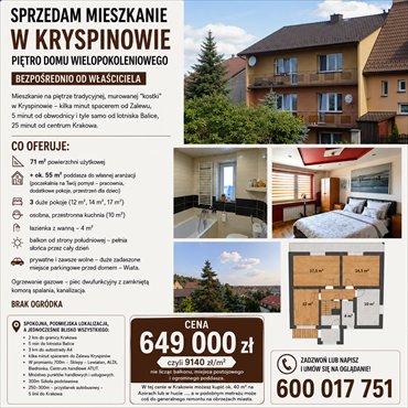 Przestronne 71 m² mieszkanie z poddaszem w Kryspinowie mieszkanie Kryspinów, Pod Skałą