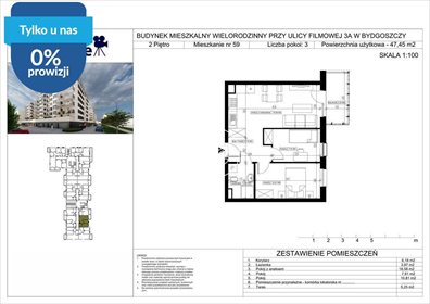 Zapraszam do obejrzenia 3-pokojowego mieszkania 47,45 m² w Bydgoszczy mieszkanie Bydgoszcz, Bartodzieje Małe, Filmowa