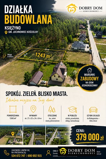 Działka budowlana 1243m² z mediami, gotowa pod dom zapraszam działka Księżyno