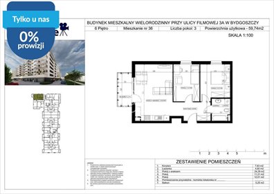 Do sprzedania przestronne 3-pokojowe mieszkanie 59,74 m² w Bydgoszczy mieszkanie Bydgoszcz, Bartodzieje Małe, Filmowa
