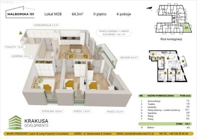 mieszkanie na sprzedaż 64m2 mieszkanie Kraków, Podgórze Duchackie, Wola Duchacka, Malborska