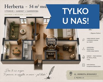 Przestronne 54 m² z garderobą, 3 pokoje - zapraszam mieszkanie Bydgoszcz, Szwederowo, Zbigniewa Herberta