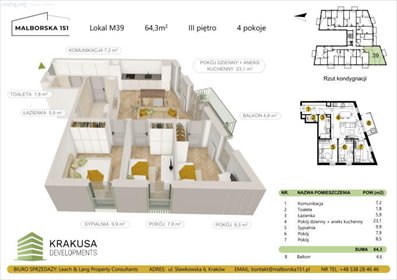 Komfortowe 4-pokojowe mieszkanie z balkonem (64,3 m²) w Krakowie mieszkanie Kraków, Podgórze Duchackie, Wola Duchacka, Malborska