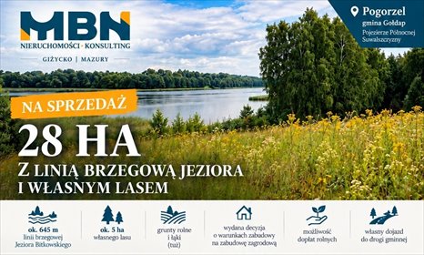 28 ha z linią jeziora i lasem - polecam działka Pogorzel, Pogorzel
