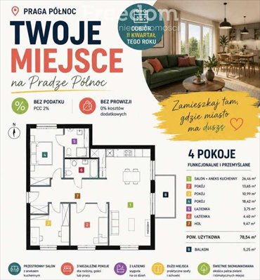 Przestronne 4-pokojowe mieszkanie z balkonem i 2 łazienkami mieszkanie Warszawa, Praga-Północ, Jagiellońska
