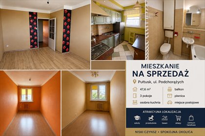 Przytulne 3-pokojowe mieszkanie w Pułtusku, niski czynsz! polecam! mieszkanie Pułtusk, podchorazych
