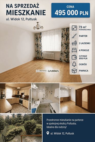 Sprzedam przestronne 73 m² mieszkanie z ogrodem i balkonem mieszkanie Pułtusk, Pułtusk, Widok