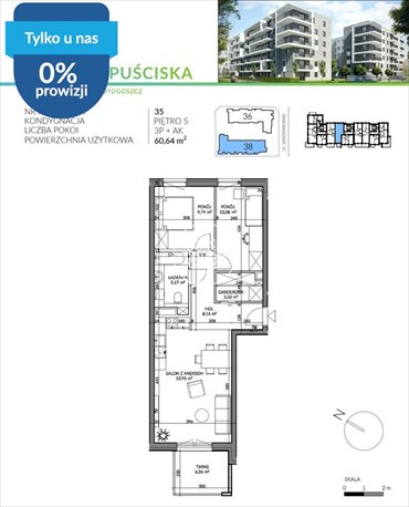 Przestronne 3-pokojowe mieszkanie 60,64 m² w Kapuściskach. mieszkanie Bydgoszcz, Kapuściska, Sandomierska