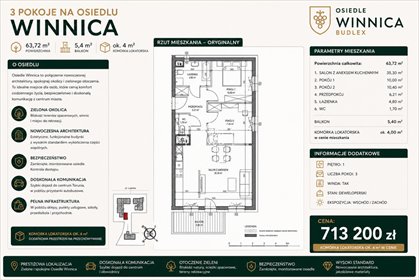 Polecam przestronne 3-pokojowe mieszkanie 63,72 m² na prestiżowym osiedlu Winnica mieszkanie Toruń, Jakubskie Przedmieście