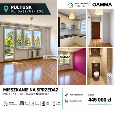 Do sprzedania przestronne mieszkanie 62 m² w Pułtusku mieszkanie Pułtusk, Pułtusk, Daszyńskiego