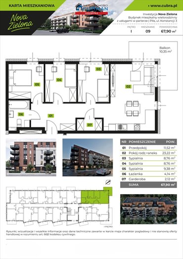 Nowoczesne 4-pokojowe mieszkanie 67,9 m² z balkonem zapraszam mieszkanie Piła, Zielona Dolina