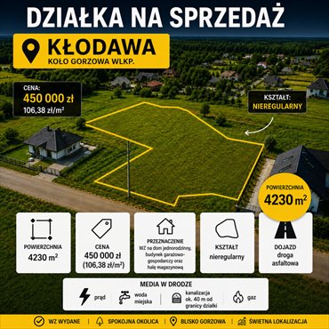 Sprzedam działkę 4230 m² z warunkami zabudowy w Kłodawie działka Gorzów Wielkopolski, Kłodawa