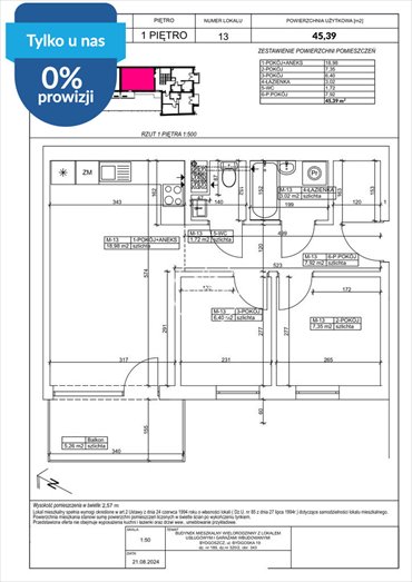 Przestronne 2-pokojowe mieszkanie 45,39 m2 w Fordonie mieszkanie Bydgoszcz, Fordon, Bydgoska
