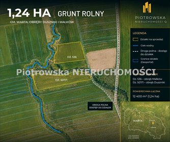 Działka rolna 1,24 ha w Warty, naturalny teren działka Warta, Małków